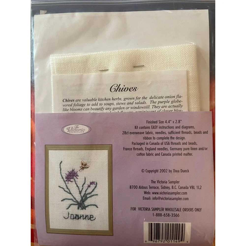 The Victoria Sampler Chives Herbal Sachet Cross Stitch Kit HS 04 Thea Dueck